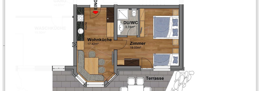 A floor plan drawing of an apartment in the basement. It shows an entrance area, a living kitchen, a bedroom, and a terrace. - Belledonne Ski in & out Appartements - Sölden