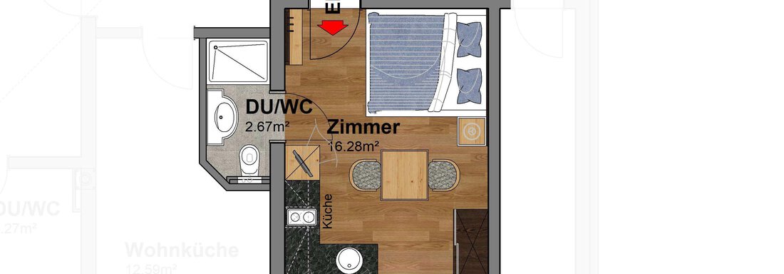 An apartment floor plan featuring one bedroom and one bathroom. The areas are clearly marked, and the furniture arrangement is simply illustrated. - Belledonne Ski in & out Appartements - Sölden