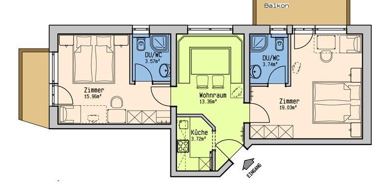 An apartment floor plan with three rooms, a kitchen, and a balcony. The living area is centrally located and well arranged. - Belledonne Ski in & out Appartements - Sölden