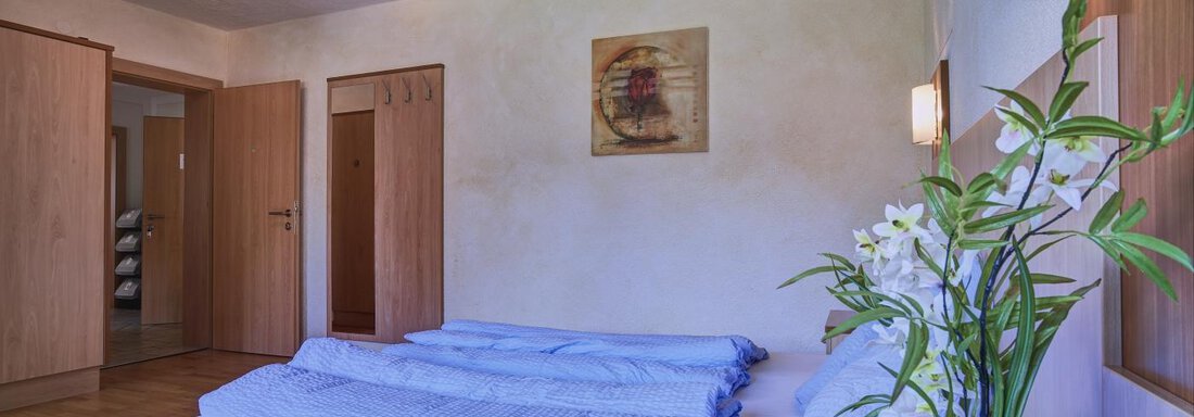 A bright bedroom with a large bed and blue bedcovers. A picture hangs on the wall, and a plant stands on the nightstand. - Belledonne Ski in & out Appartements - Sölden
