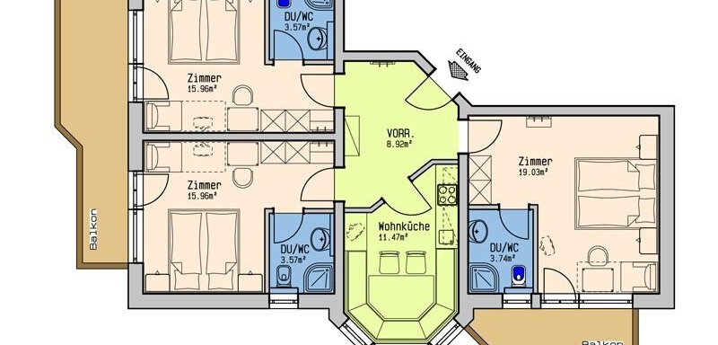 A floor plan of an apartment with three bedrooms, a spacious living room, and two bathrooms. The balcony is also visible. - Belledonne Ski in & out Appartements - Sölden