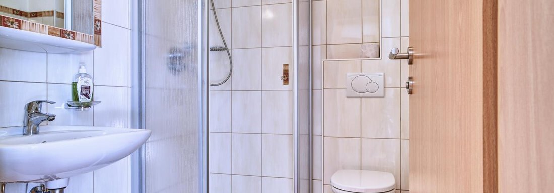 A bright and modern shower in a tidy bathroom. The bathroom features a sink and a toilet. - Belledonne Ski in & out Appartements - Sölden