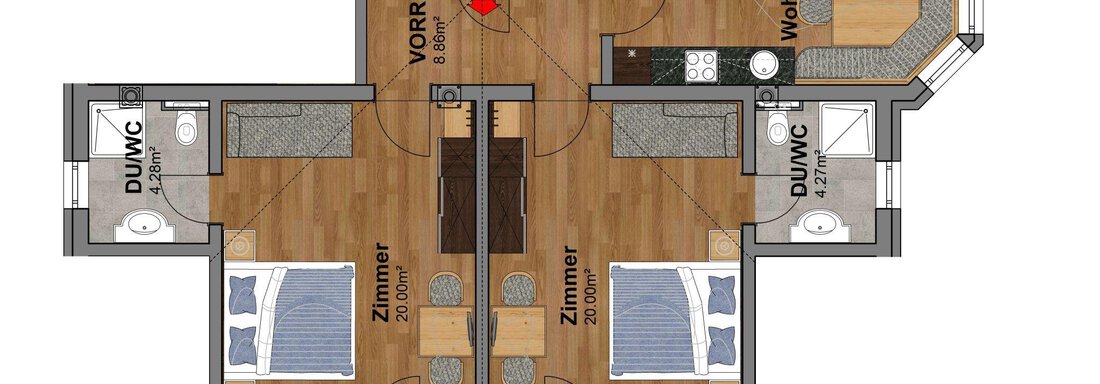 The image shows a floor plan of an apartment with several rooms. There are bedrooms, a living room, and a balcony. - Belledonne Ski in & out Appartements - Sölden