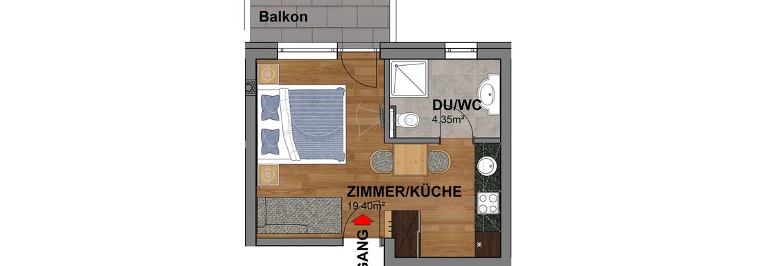 An overview of a floor plan for a small apartment. The rooms include a bedroom, a bathroom, and a living/kitchen area, as well as a balcony. - Belledonne Ski in & out Appartements - Sölden