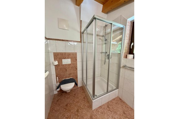 A modern bathroom with a glass shower and a toilet. The walls are light tiled and the floor has a warm tone. - Belledonne Ski in & out Appartements - Sölden