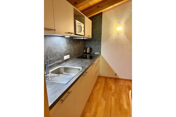 A modern kitchen with a stainless steel sink and hardwood floor. There is a microwave and a kettle on the countertop. - Belledonne Ski in & out Appartements - Sölden