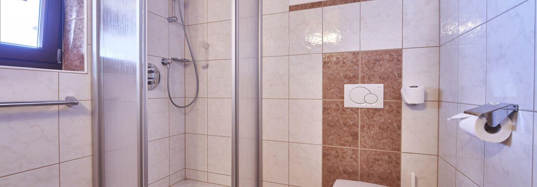 A bright bathroom with a shower cabin and modern tiles. There is a toilet and a window view. - Belledonne Ski in & out Appartements - Sölden