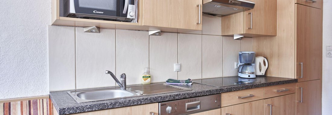 A modern kitchen with wooden cabinets and a granite surface. There is a microwave, a kettle, and a sink. - Belledonne Ski in & out Appartements - Sölden