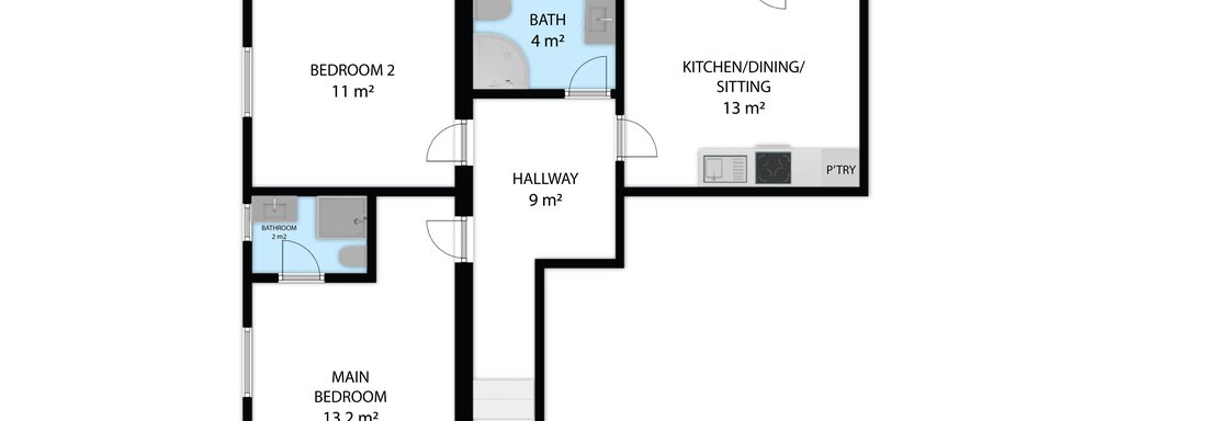 A floor plan sketch of an apartment with two bedrooms, one bathroom, and an open kitchen. There is also a small patio of 10 m². - Belmonte Sölden - Sölden