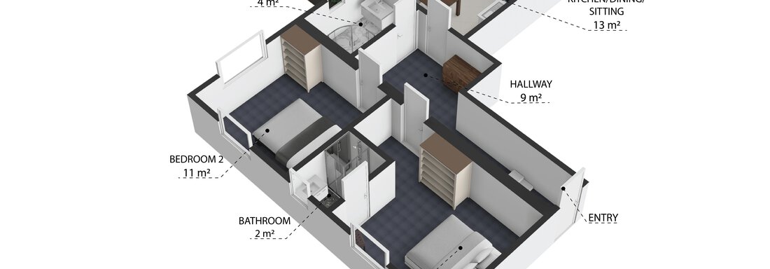 A simplified floor plan representation of a living space with multiple rooms. The plan shows two bedrooms, one bathroom, a kitchen/living room, and a patio. - Belmonte Sölden - Sölden