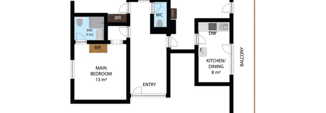 A floor plan drawing of an apartment with multiple rooms. The visualization shows a bedroom, a bathroom, a living area, and a kitchen with a dining area. - Belmonte Sölden - Sölden