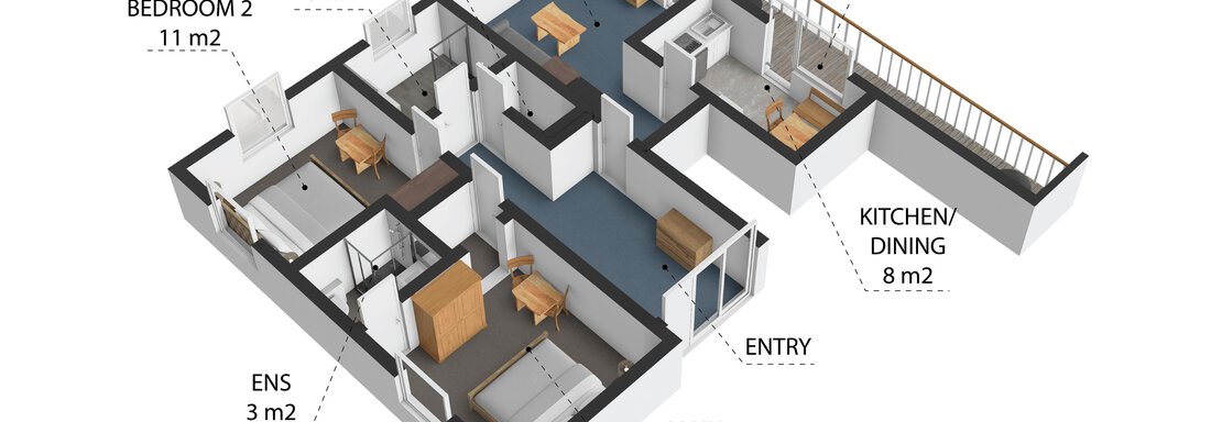 A 3D representation of an apartment with different rooms. The areas include a living room, bedroom, kitchen, and a balcony. - Belmonte Sölden - Sölden