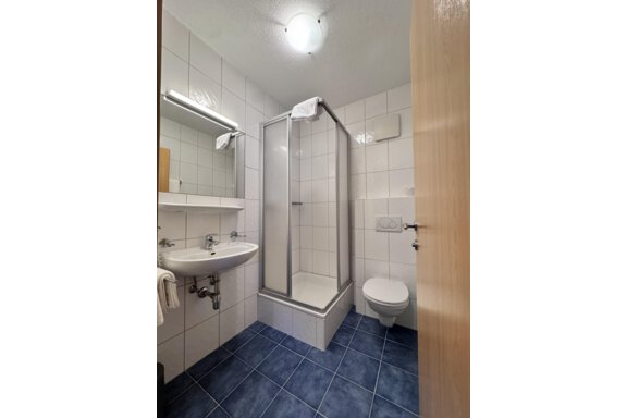 A modern bathroom with a shower, sink, and toilet. The walls are tiled and the floor is laid with blue tiles. - CASA bianco DUE - Sölden
