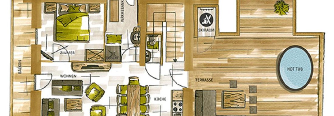 A sketch of a modern house with various rooms. The layout includes a sauna, a living room, a terrace, and a hot tub. - Chalet Resort Sölden - Sölden