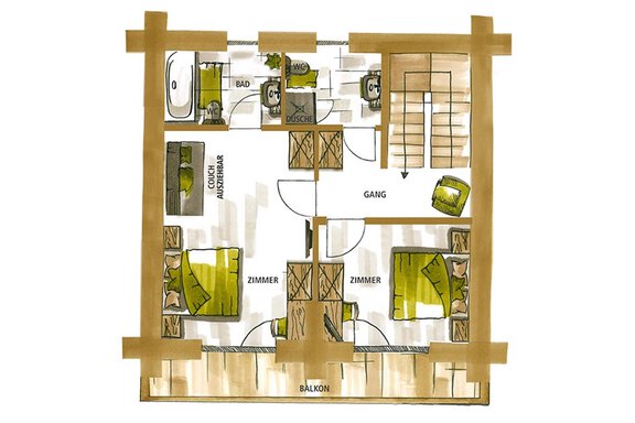 A floor plan of an apartment with several rooms, including a bathroom, two rooms, and a balcony. The furnishings are simply and modernly designed. - Chalet Resort Sölden - Sölden