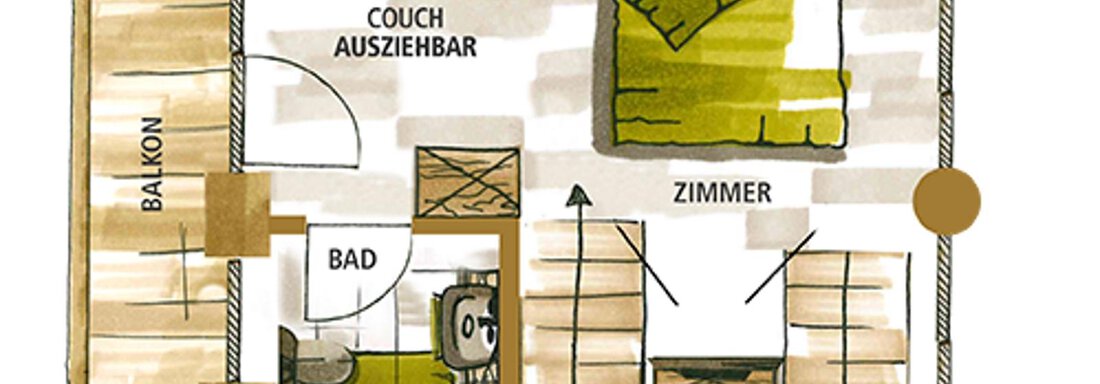 A simple floor plan of a room with a bed, a pull-out couch, and a bathroom. The balcony is also marked. - Chalet Resort Sölden - Sölden