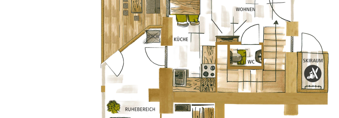 A floor plan of an apartment with various rooms such as living room, kitchen, and sauna. The terrace is also marked, surrounded by plants. - Chalet Resort Sölden - Sölden
