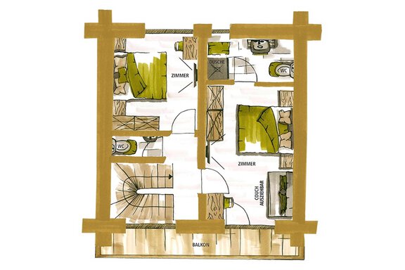 A simple floor plan drawing of an apartment with several rooms, a bathroom, and a balcony. The rooms are color-coded and well-structured. - Chalet Resort Sölden - Sölden