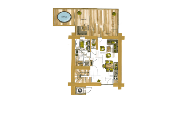 An overview of the floor plan with a living area, a kitchen, a bathroom, and a sauna. At the top, there is a terrace with a hot tub. - Chalet Resort Sölden - Sölden