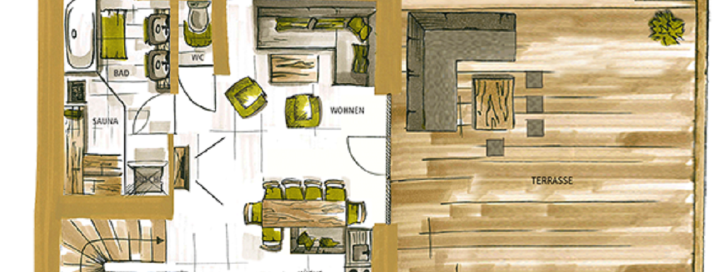 An organic floor plan drawing of a modern residential house. Features an open living area, kitchen, sauna, and a terrace with a hot tub. - Chalet Resort Sölden - Sölden