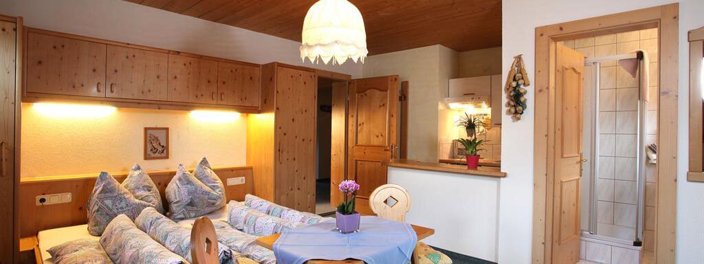 Appartement A cozy room with wooden paneling and a double bed. A small dining area and a bathroom are also available. - Erbhof - Sölden