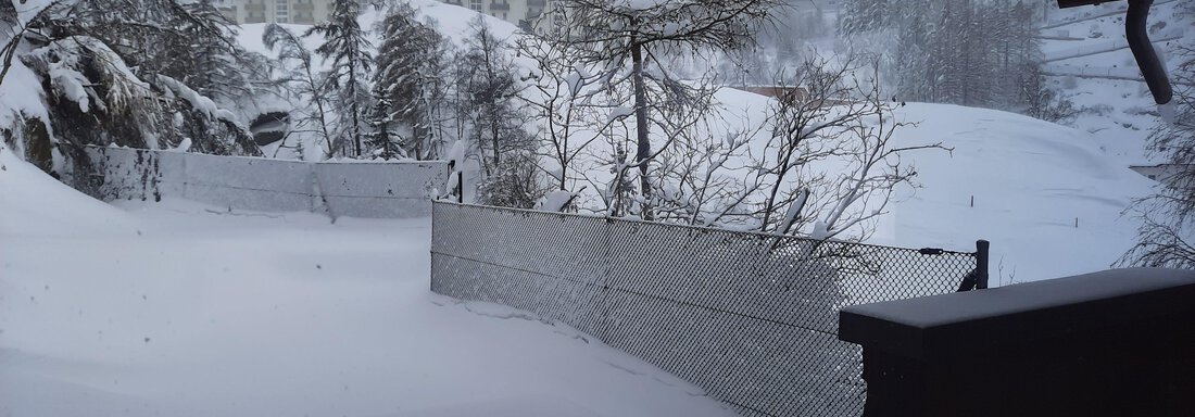 A snowy landscape image with a white blanket of snow. In the background, there are trees and a fence, while it is slightly foggy. - Ferienhaus Anna - Sölden