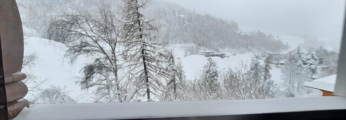 A snowy landscape with trees and mountains in the background. The view is visible from a balcony. - Ferienhaus Anna - Sölden