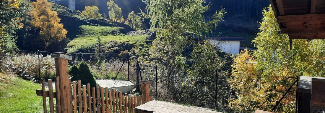 An idyllic landscape with a wooden fence and green meadows. In the background, trees and residential buildings can be seen, surrounded by beautiful autumn nature. - Ferienhaus Anna - Sölden
