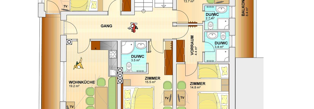 A detailed floor plan sketch of an apartment. It shows various rooms, a bathroom, and a living kitchen in the central area. - Ferienhaus Apart Sonnzeit - Sölden