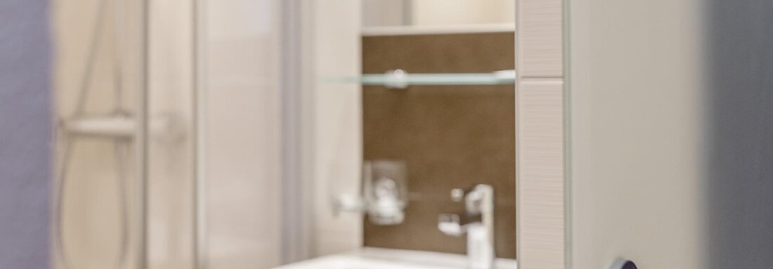 A modern bathroom with a sink and a shower. The walls are painted in light colors. - Ferienhaus Apart Sonnzeit - Sölden