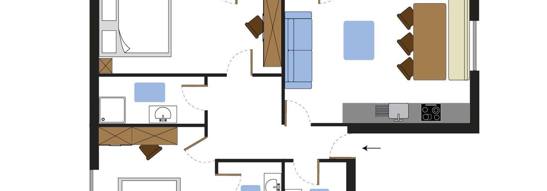 A simple floor plan drawing of an apartment with two bedrooms, a living room, and a kitchen. The rooms are clearly arranged and labeled. - Ferienhaus F2 - Sölden - Sölden