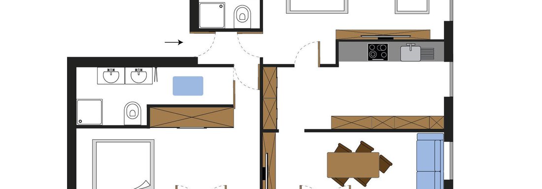 A floor plan of an apartment with several rooms, including a bedroom, bathroom, and an open living kitchen. The arrangement of the furniture demonstrates a practical use of the space. - Ferienhaus F2 - Sölden - Sölden
