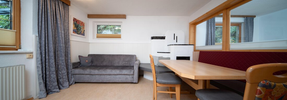 A cozy living space with a gray sofa and a dining table. The walls are light, and a window offers a view outside. - Ferienhaus F2 - Sölden - Sölden