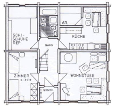 Skizze EG A floor plan of a house with various rooms such as kitchen, living room, and bedroom. The plan shows a clear arrangement of the rooms with important details. - Ferienhaus Karlingerhof - Sölden