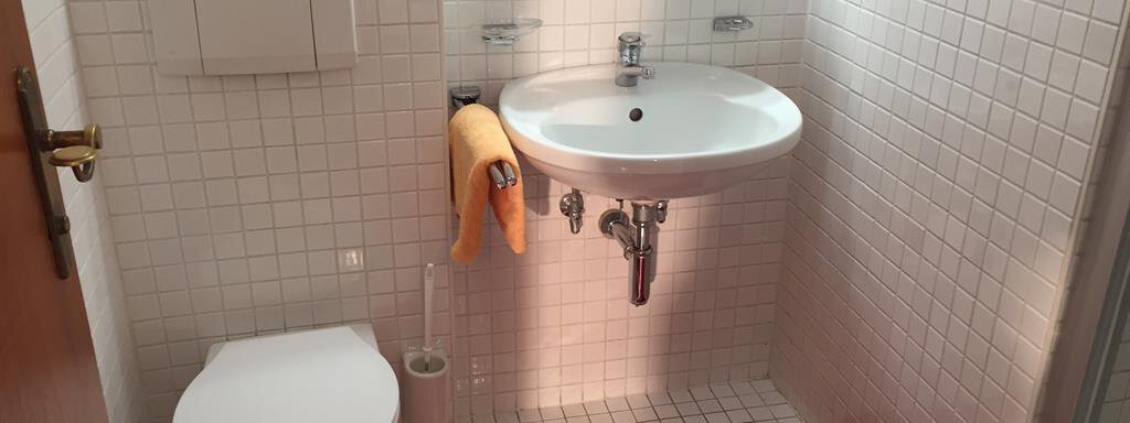 A bright bathroom with white tiles. There is a sink, a toilet, and red carpets on the floor. - Ferienhaus Moidl - Sölden