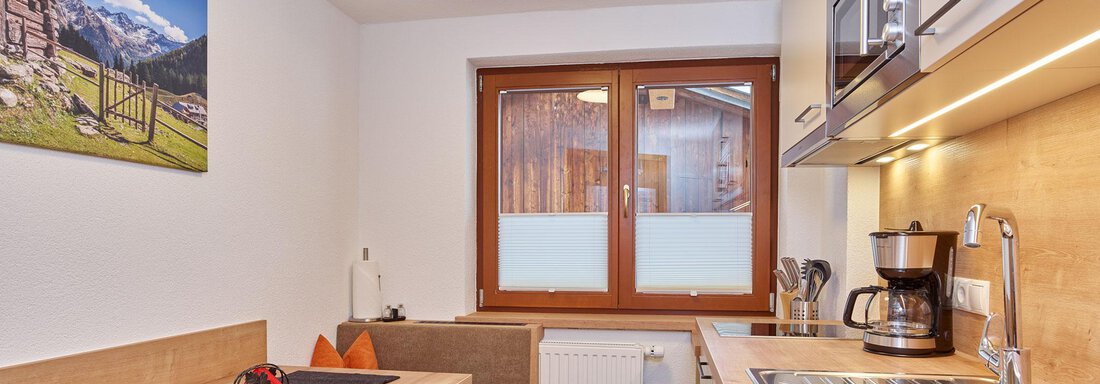 Appartement I | © Klocker Rebecca, Ferienhof Paulelas (CC C) A modern kitchen with wood paneling and a dining area. The room has a window with a view of the mountains and is well-lit. - Ferienhof Paulelas - Sölden