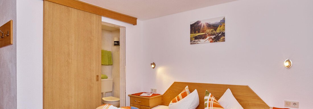 A cozy bedroom with a large bed and colorful pillows. A picture of a landscape hangs on the wall, and there are wooden details in the furnishings. - Ferienhof Paulelas - Sölden