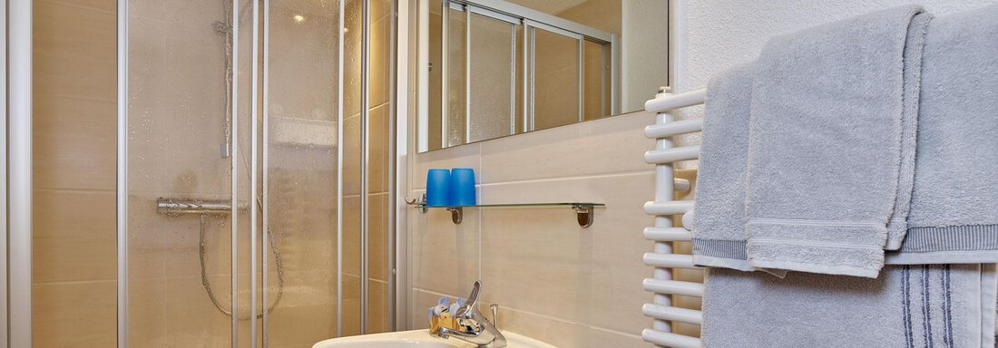 A modern bathroom with a shower and a sink. Clean towels are hanging ready, and the walls are bright and inviting. - Ferienhof Paulelas - Sölden