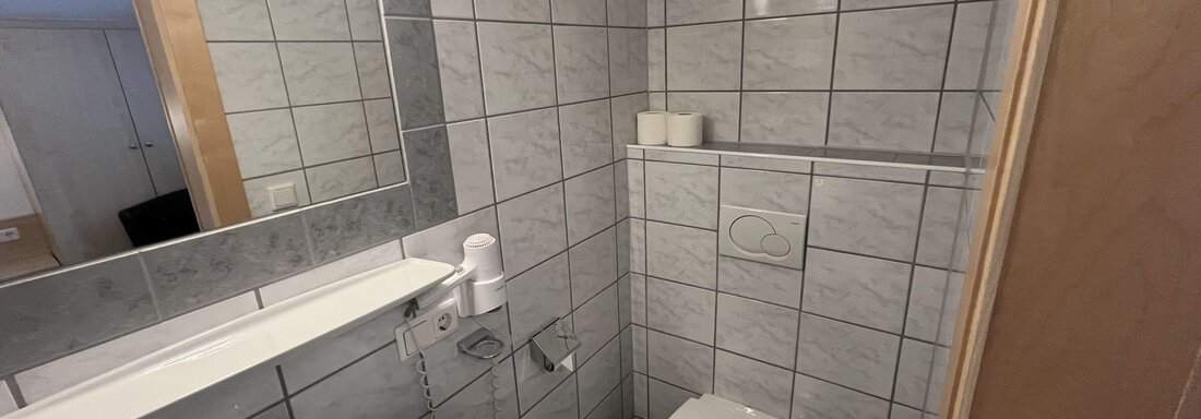 A modern bathroom with gray tiles. It includes a sink, a toilet, and a large mirror. - Franzele Appartements & Zimmer - Sölden