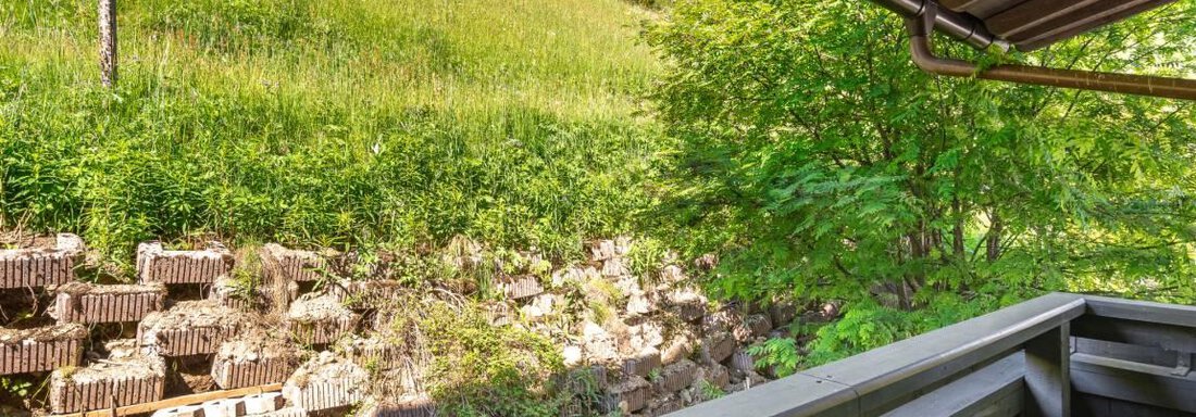 401.15 A view of a green meadow with trees and a sunny sky. In the foreground, a wooden porch is visible. - Garni Nadine - Sölden