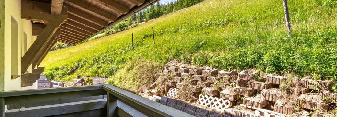 A balcony with wooden cladding that overlooks a green meadow. In the background, trees and a natural slope can be seen. - Garni Nadine - Sölden