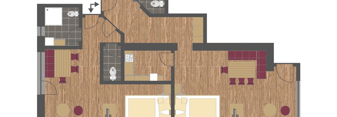 An apartment layout with several rooms. It features an open-plan kitchen, a living room, and two bathrooms. - Gästehaus Europa - Sölden