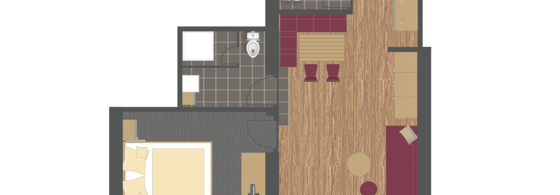 Zimmerskizze-MASTER-B A tidy apartment with a separate bedroom, kitchen, and living room. The space is well-designed with modern furniture. - Gästehaus Europa - Sölden