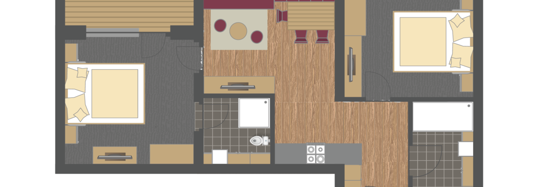 A floor plan of an apartment with two bedrooms, a living room, a kitchen, and a bathroom. The space is well-organized and shows various furniture arrangements. - Gästehaus Europa - Sölden