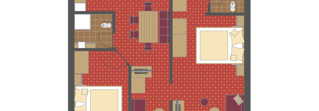 A schematic representation of an apartment with several rooms. The furnishings include a living room, two bedrooms, and a kitchen. - Gästehaus Europa - Sölden