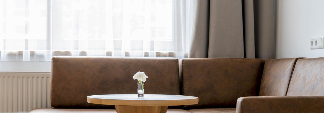A cozy living room with a brown sofa and a small table. On the table, there is a vase with a flower, while daylight streams through the windows. - Gästehaus Europa - Sölden