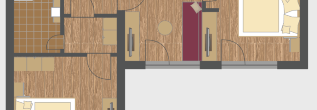 A schematic representation of an apartment with two bedrooms, a dining area, and a kitchen. The rooms are clearly arranged and offer optimal use of space. - Gästehaus Europa - Sölden