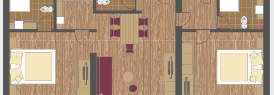 A simple floor plan representation of an apartment with two bedrooms, a living area, and two bathrooms. The space is clearly structured and has a dining table in the center. - Gästehaus Europa - Sölden