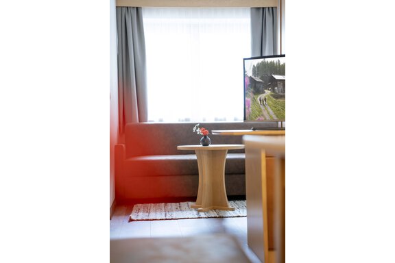 A cozy living room with a brown sofa and a round table. Next to a window, there is a television displaying a landscape. - Gästehaus Europa - Sölden