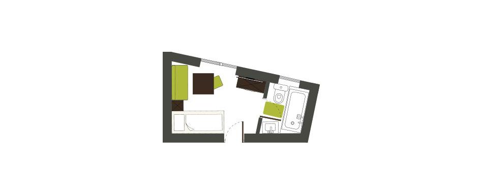 A schematic representation of an apartment with various areas. The sketch shows a living area, a bathroom, and a kitchen. - Gästehaus Kneisl - Sölden